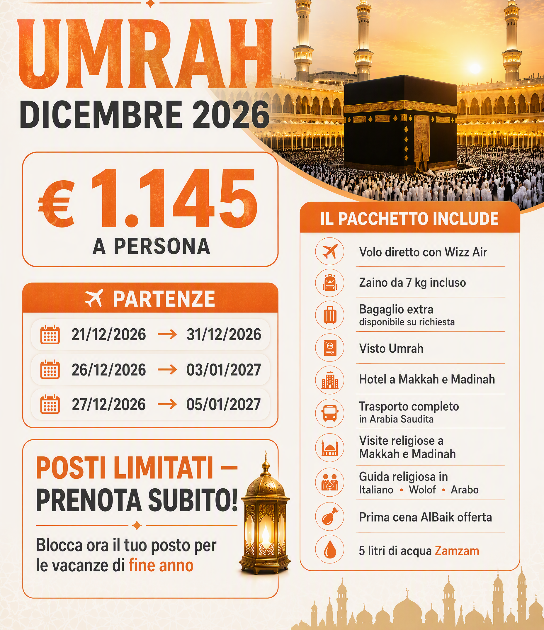 Offerta Umrah dicembre 2026 di Nusuk Albayt Travel con prezzo, date e servizi inclusi